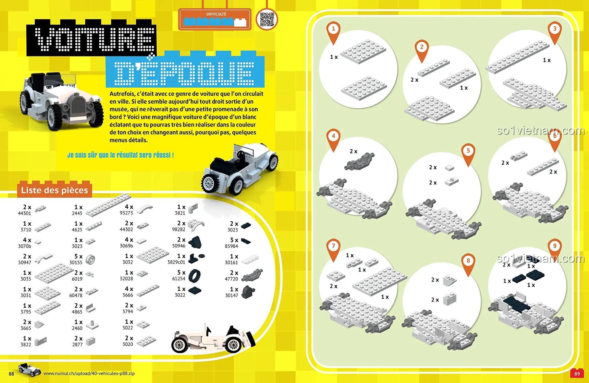 Đồ chơi sáng tạo xe 9782889356812 NUINUI JEUNESSE, trang hướng dẫn lắp ráp xe cổ điển, kích thích trí tưởng tượng cho bé trai 6 tuổi.