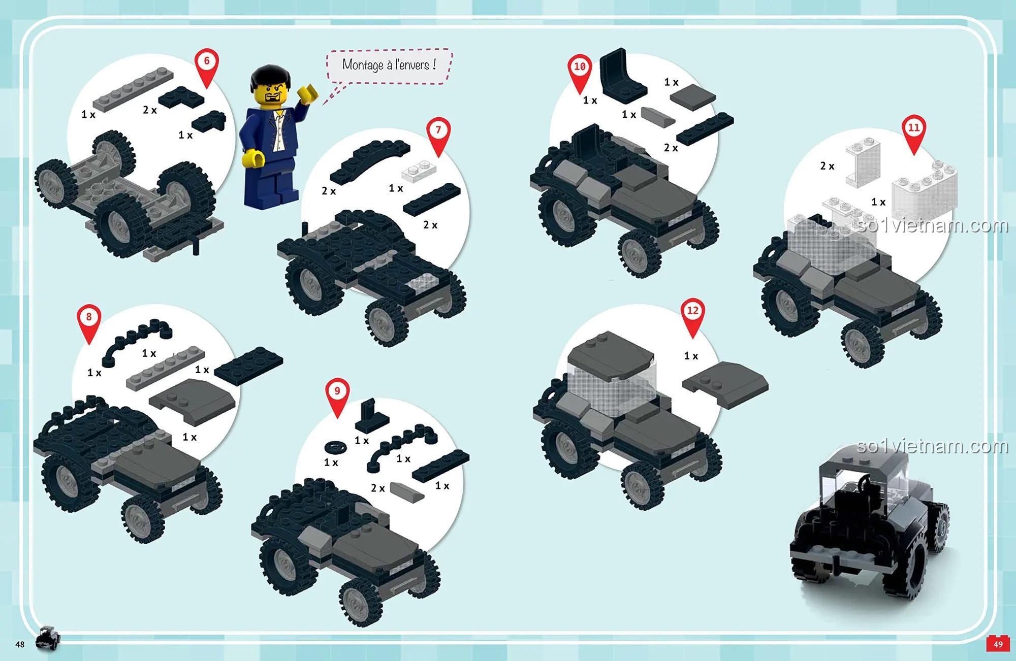 Sách hướng dẫn xây dựng phương tiện NUINUI JEUNESSE ISBN9782889356812, minh họa các bước lắp ráp xe jeep, giúp bé trai 6 tuổi rèn luyện tư duy logic.
