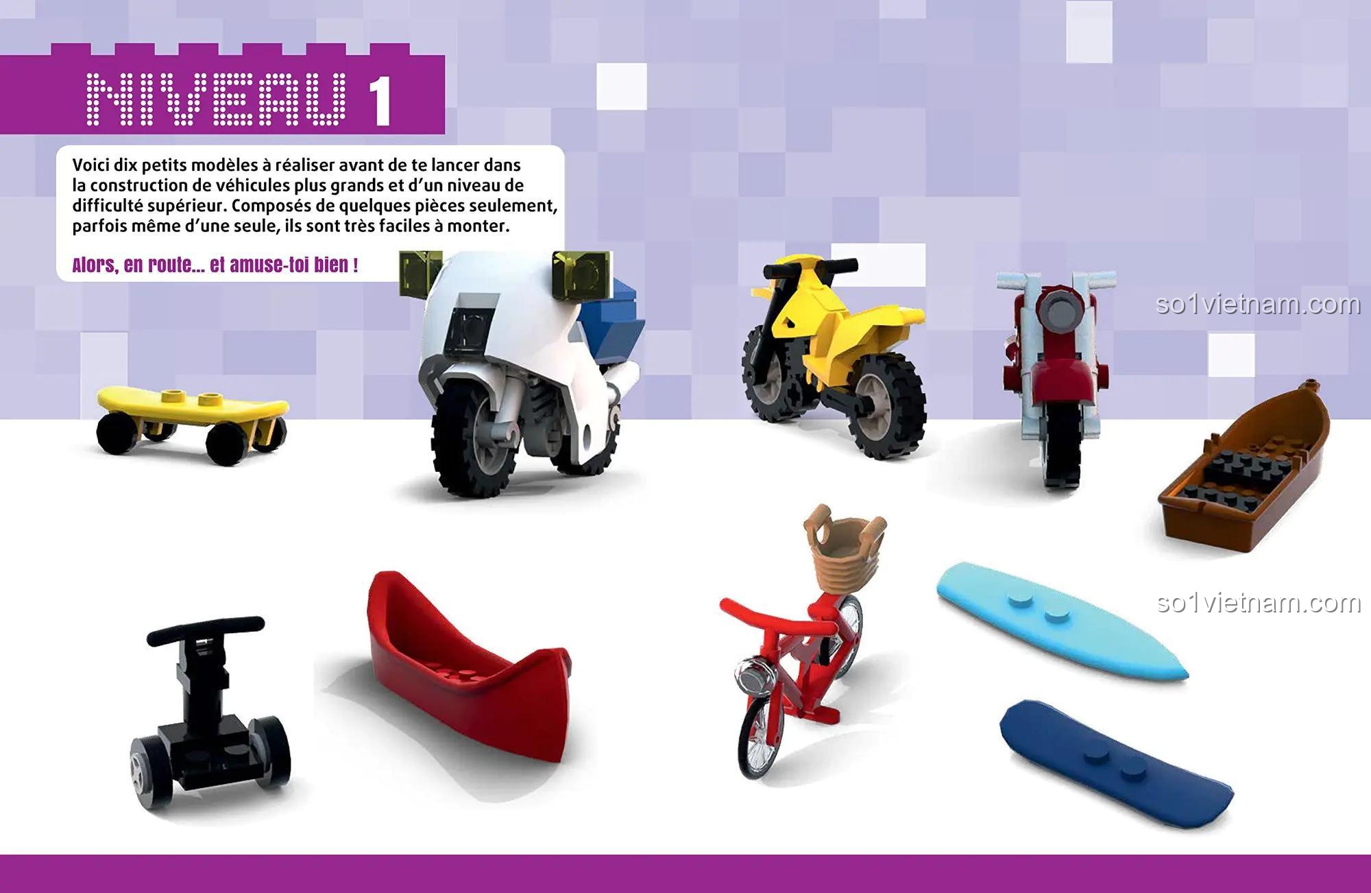 Sách lắp ghép xe ISBN9782889356812 NUINUI JEUNESSE, trang hướng dẫn cấp độ 1 với các mẫu xe đơn giản, giúp bé trai 6 tuổi phát triển tư duy.