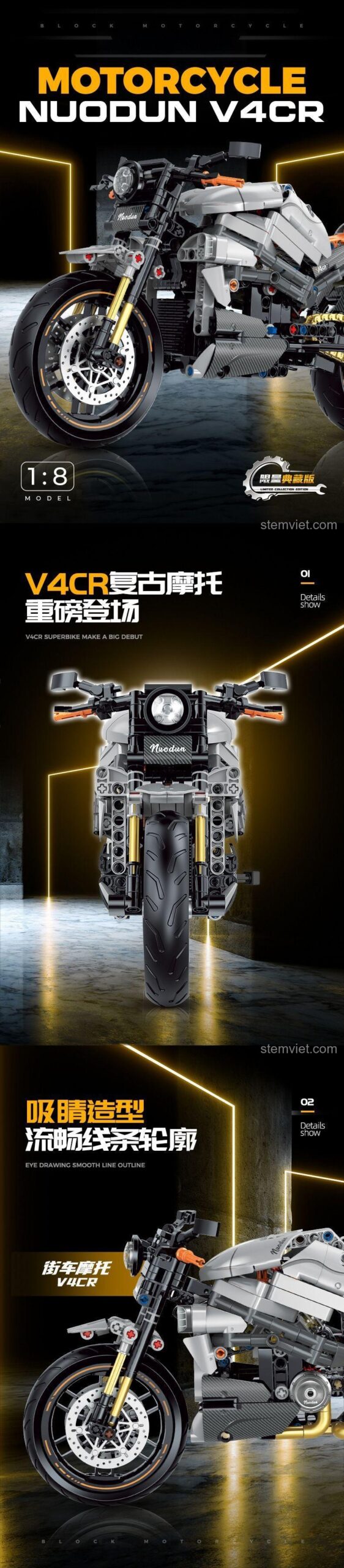 Đồ chơi mô hình Nuodun 60508 Xe mô tô cổ điển Nordon V4CR với thiết kế đỉnh cao, tỉ lệ 1:8, phù hợp bé trai 8 tuổi.