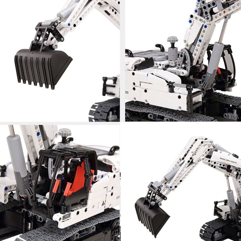 Ảnh chụp chi tiết bộ lắp ráp Máy xúc công trình ONEBOT GCWJJ01IQI, gồm 4 góc nhìn cận cảnh gầu xúc, cabin, hệ thống piston và toàn bộ mô hình. Đồ chơi cho con trai 8 tuổi giá tốt.