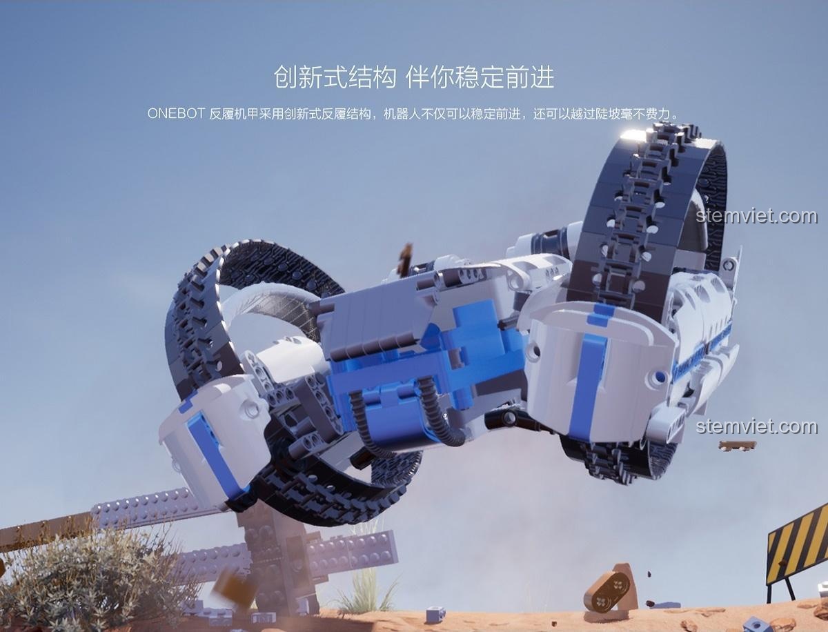 Mô tả tính năng vượt địa hình của bộ lắp ráp Robot Địa Hình Circle Tracker nhờ cấu trúc bánh xích đảo ngược sáng tạo.