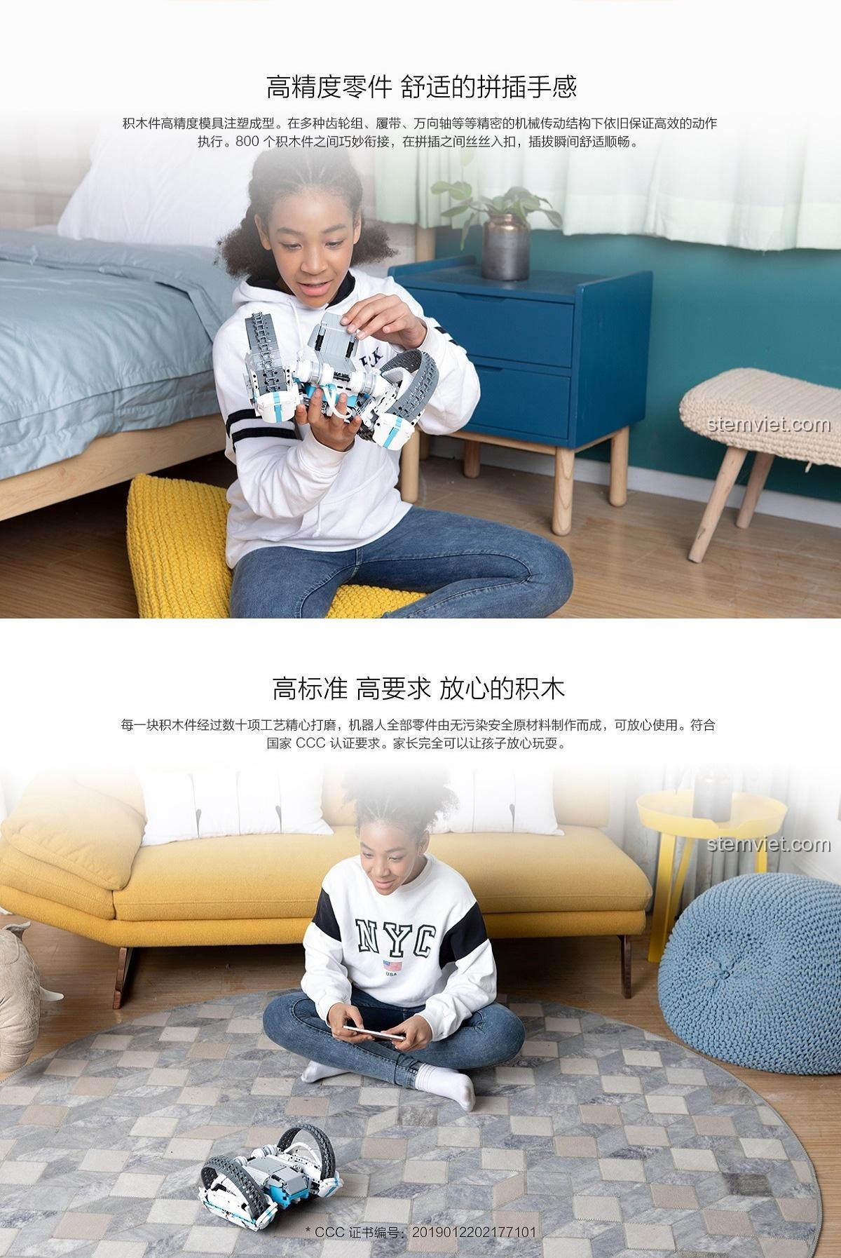 Thông tin về chất lượng và độ an toàn của các chi tiết trong bộ lắp ráp Robot Bánh Xích Đảo Ngược, đạt chuẩn CCC.