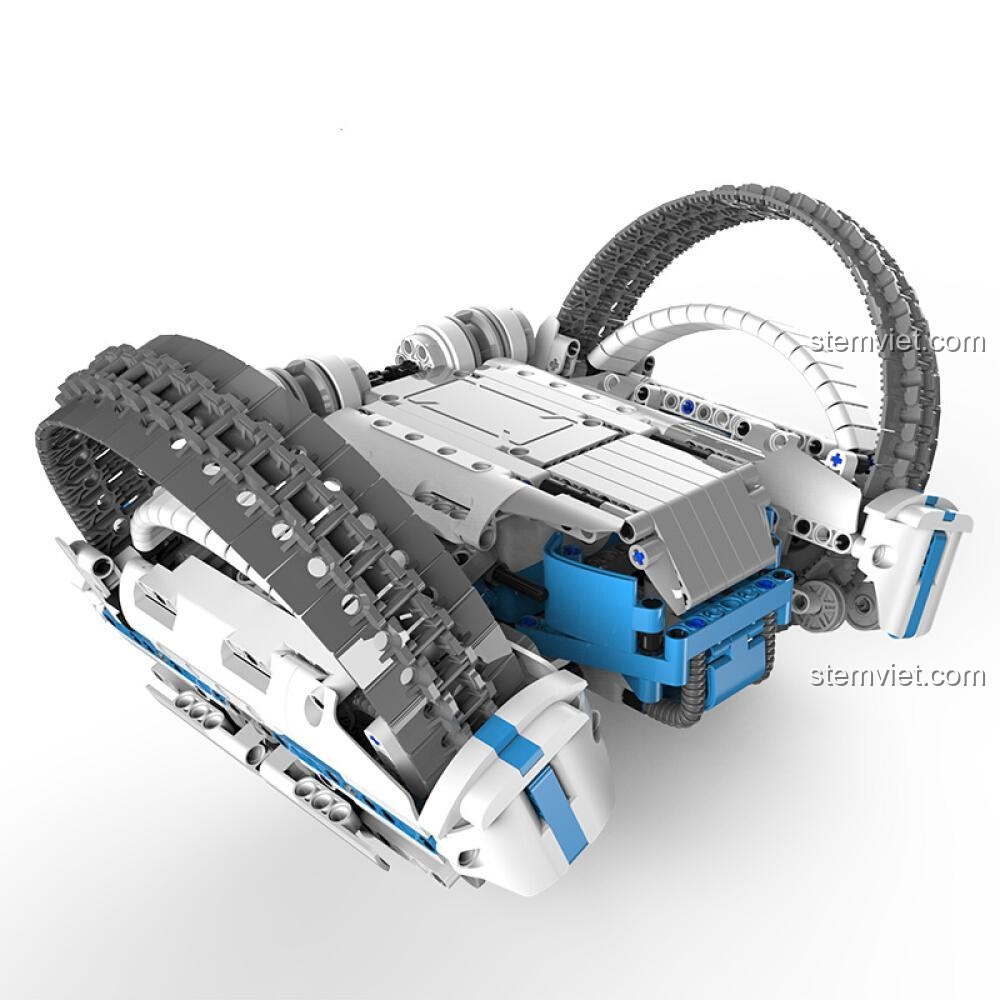 Góc nhìn nghiêng của đồ chơi mô hình Robot Lập Trình ONEBOT OBFV05AIQI, khoe trọn bộ bánh xích và các chi tiết cơ khí.