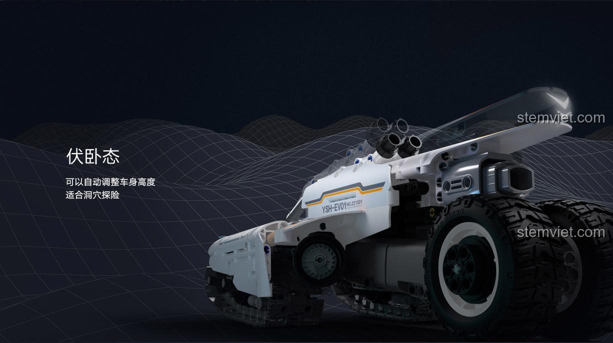 Mô tả chế độ 'Phục kích' của đồ chơi mô hình XJXL01IQI, có thể tự động điều chỉnh độ cao thân xe để thám hiểm hang động.