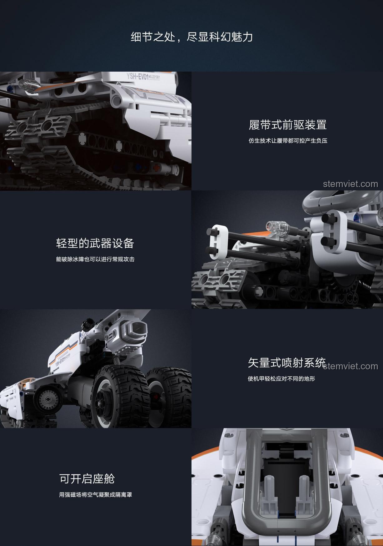 Ảnh chi tiết các bộ phận của bộ lắp ráp ONEBOT XJXL01IQI: bánh xích, vũ khí, hệ thống phun và buồng lái.