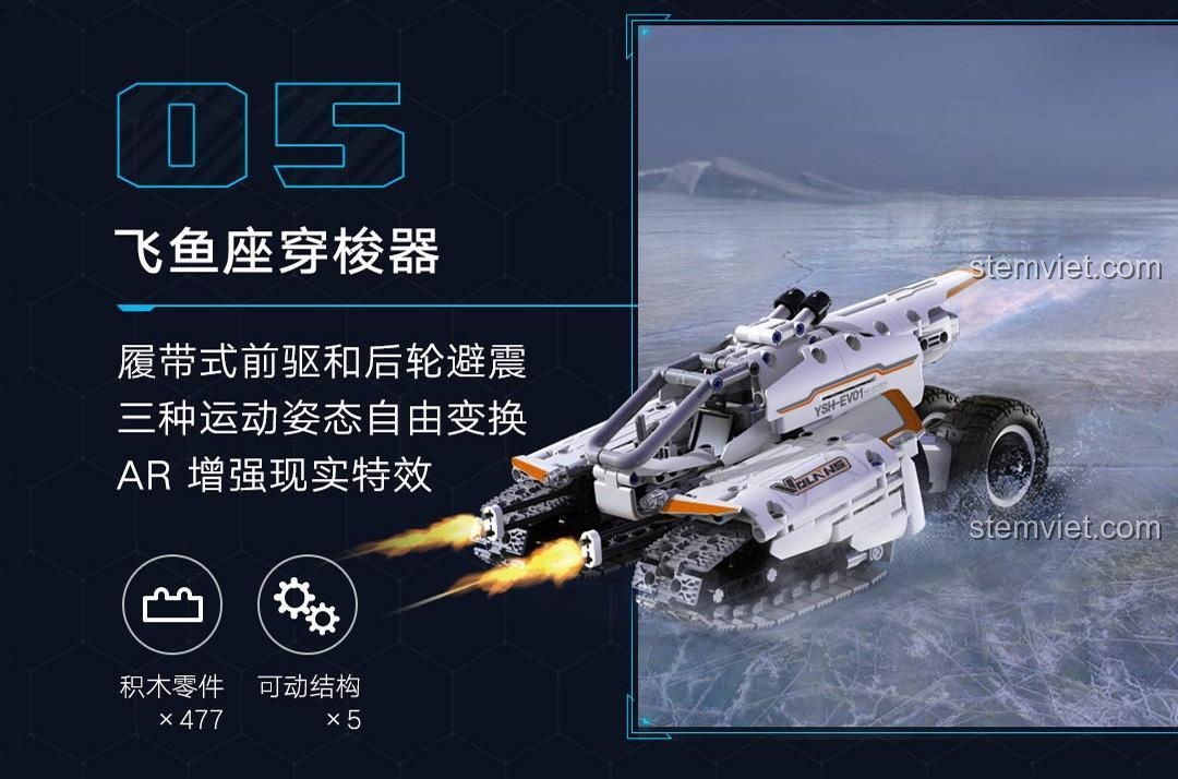 Ảnh quảng cáo bộ xếp hình Xe địa hình không gian ONEBOT XJXL01IQI, nêu bật các tính năng: 477 chi tiết, 5 cấu trúc có thể cử động, và hiệu ứng AR.