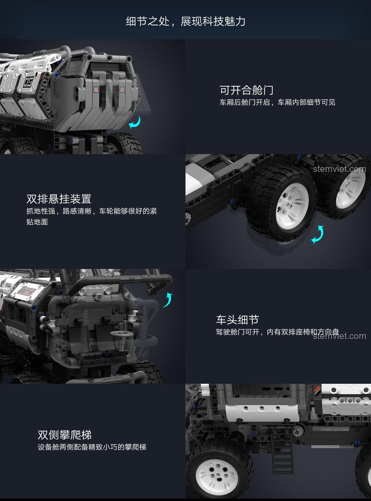 Các tính năng chi tiết của ONEBOT XJXL05IQI: cửa sau mở được, hệ thống treo kép, chi tiết đầu xe và thang leo hai bên.