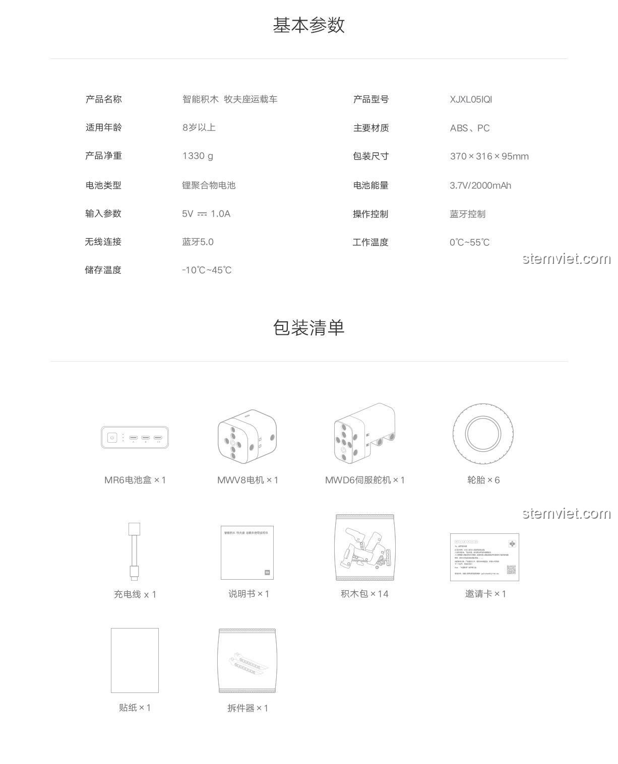 Thông số kỹ thuật và danh sách các bộ phận đi kèm trong hộp đồ chơi ONEBOT XJXL05IQI.