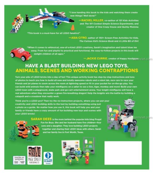 Bìa sau sách lắp ráp 50 mô hình LEGO® tự lắp ISBN9781624142819, giới thiệu các mô hình robot, máy bay, xe hơi và các lời khen tặng.
