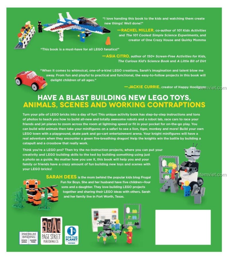 Bìa sau sách lắp ráp 50 mô hình LEGO® tự lắp ISBN9781624142819, giới thiệu các mô hình robot, máy bay, xe hơi và các lời khen tặng.