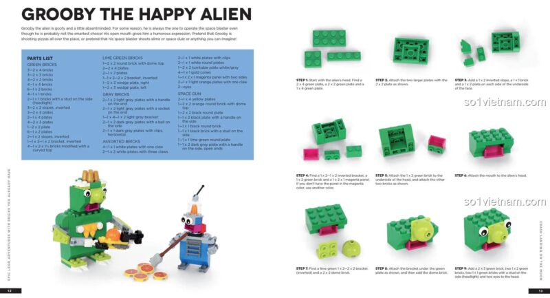Sách xây dựng mô hình LEGO® Epic LEGO Adventures with Bricks You Already Have của Page Street Publishing ISBN9781624143861, hướng dẫn lắp ráp người ngoài hành tinh Grooby, chi tiết từng bước, phù hợp bé 5 tuổi, giá tốt.