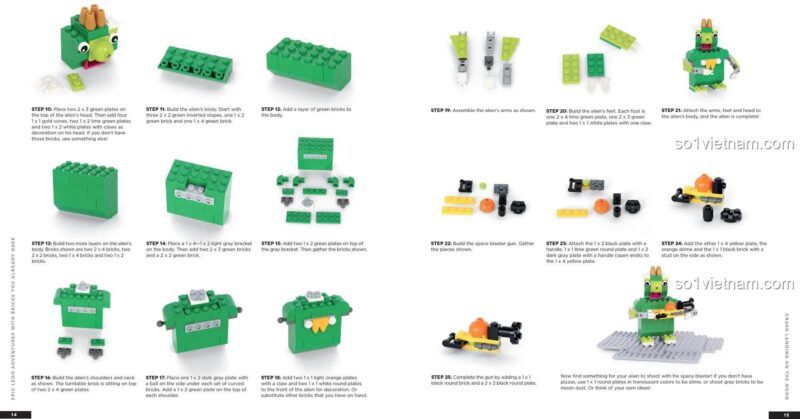 Sách hướng dẫn lắp ráp LEGO® Page Street Publishing ISBN9781624143861, các bước lắp ráp người ngoài hành tinh Grooby, giúp bé rèn luyện khéo léo, giá tiết kiệm.