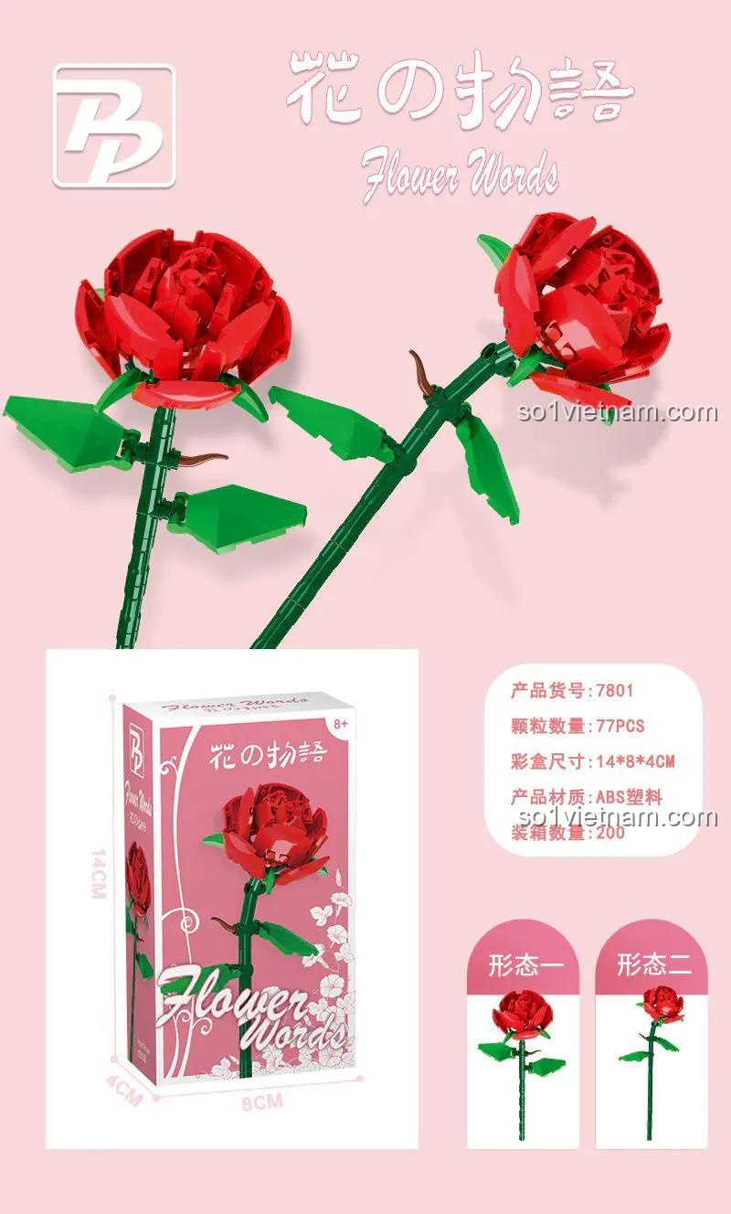 đồ chơi xây dựng 7801 Hoa Hồng Lắp Ghép PANBO với kích thước hộp, mô hình hoa hồng cho con gái 8 tuổi, giá tiết kiệm
