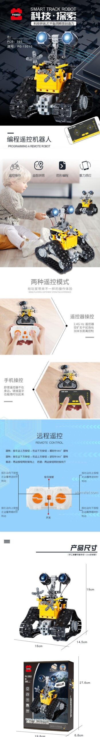 Hộp bộ lắp ghép Robot Lập Trình Điều Khiển Wall-E PANGU PG-13011, thể hiện các tính năng điều khiển từ xa và lập trình, đồ chơi giáo dục cho bé trai