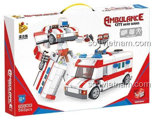 Hộp sản phẩm bộ đồ chơi xe cứu thương biến hình Panlos 659013 cho bé trai 6 tuổi