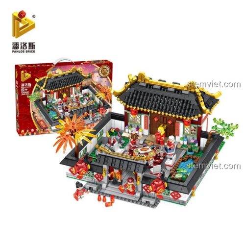 Hộp và mô hình hoàn chỉnh của bộ xếp hình Cảnh sum họp gia đình ngày Tết Panlos Brick 610001, lựa chọn quà Tết ý nghĩa, giá tốt.
