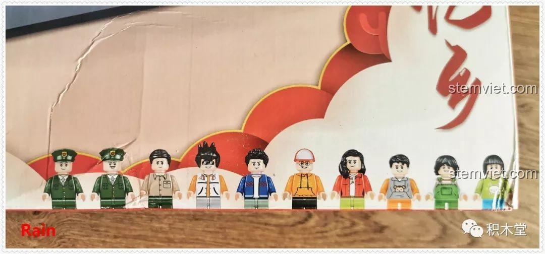 Toàn bộ 10 nhân vật minifigure đi kèm bộ lắp ráp Tàu Hỏa Xanh Lá Cây Panlos Brick 610008, mỗi người một vẻ.