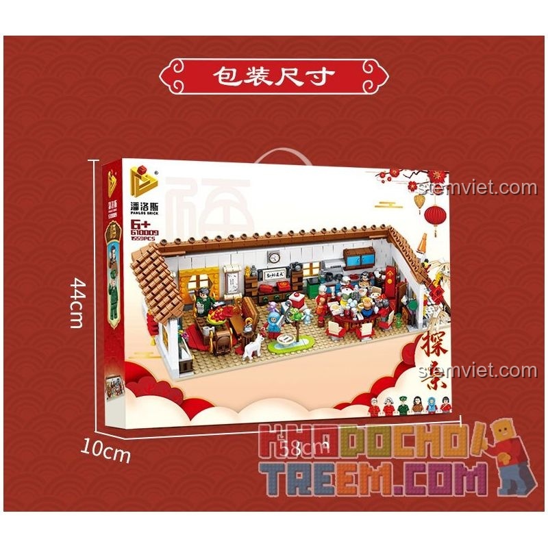 Chi tiết 6 minifigures gia đình trong bộ đồ chơi xếp hình Panlos Brick 610009, gồm ông, bà, bố, mẹ và các con.