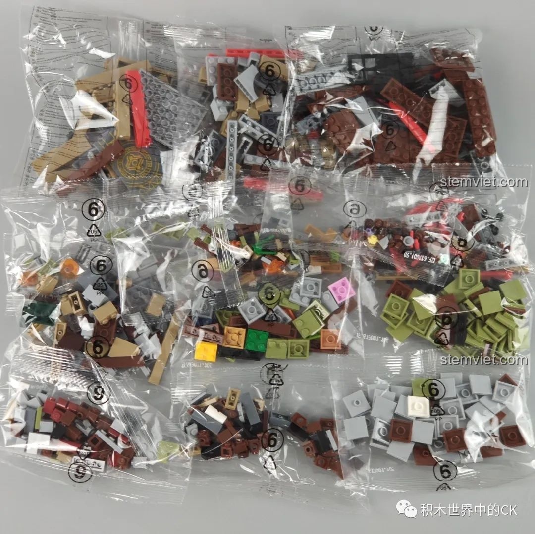 Các túi mảnh ghép số 6 của bộ Panlos Brick 613001 Sanctum Sanctorum Doctor Strange, với nhiều màu sắc khác nhau.