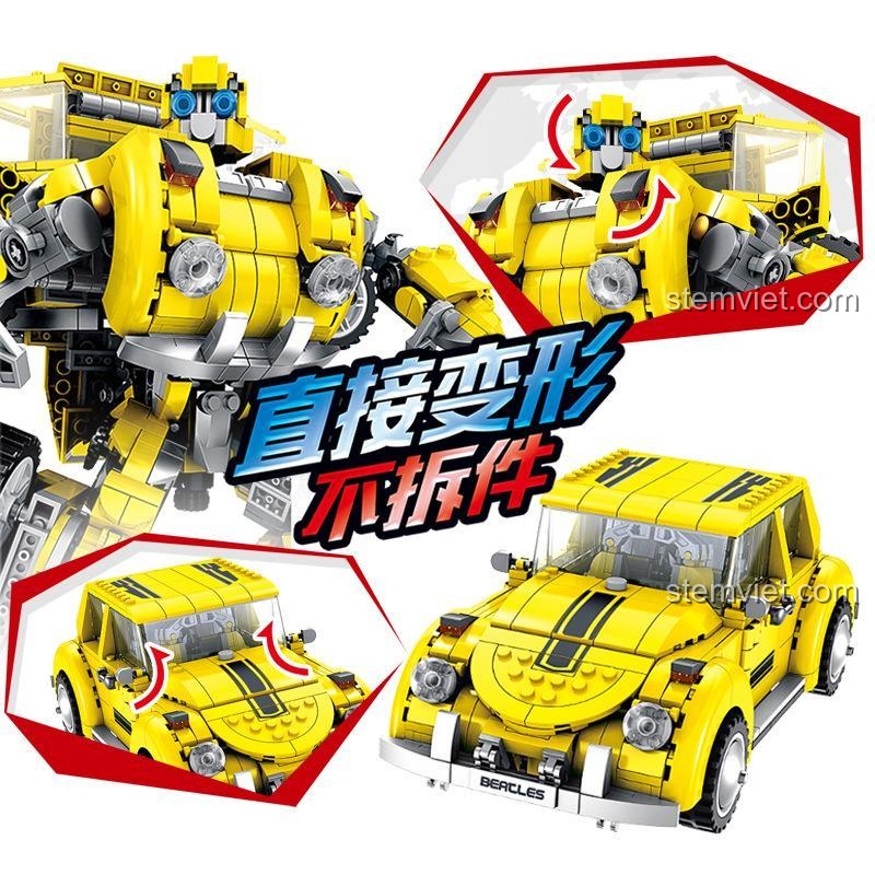 Các bước biến hình của bộ lắp ráp Panlos Brick 621019 Robot Biến Hình Đại Hoàng Phong 8 trong 1, minh họa quá trình chuyển đổi từ xe sang robot mà không cần tháo rời, đồ chơi thông minh cho bé trai.