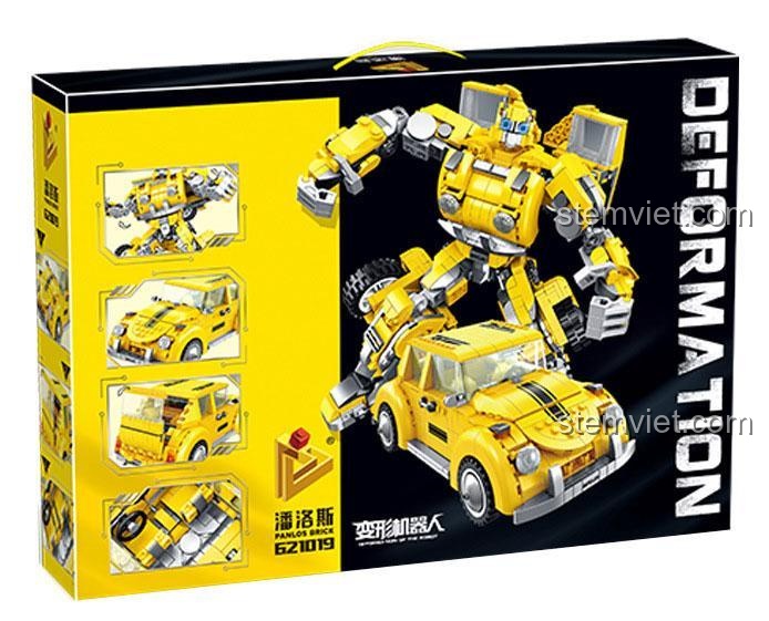 Mặt bên của hộp sản phẩm Panlos Brick 621019 Robot Biến Hình Đại Hoàng Phong 8 trong 1, với dòng chữ 'SUPER DEFORMATION' nhấn mạnh khả năng biến hình siêu việt của mô hình, đồ chơi giáo dục cho bé trai 6 tuổi.