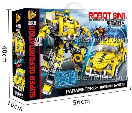 Ảnh hộp sản phẩm Panlos Brick 621019 Robot Biến Hình Đại Hoàng Phong 8 trong 1 với các kích thước chiều dài 56cm, chiều rộng 40cm, chiều cao 10cm, giúp người mua dễ dàng hình dung kích thước thực tế của hộp đồ chơi.