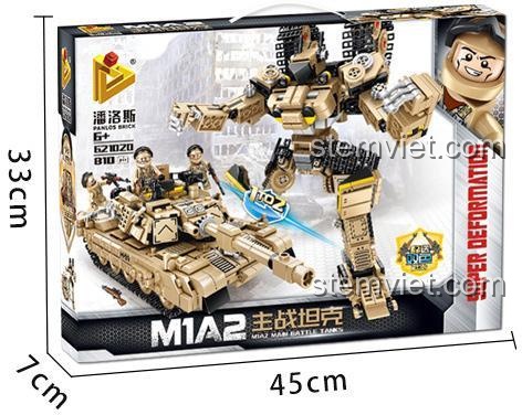 Kích thước hộp bộ lắp ghép Panlos Brick 621020 Xe tăng chiến đấu chủ lực M1A2, đồ chơi mô hình Robot biến hình, cho bé trai 6 tuổi