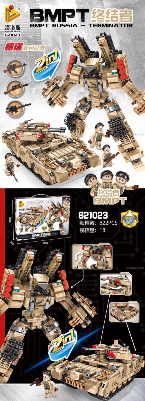 Đồ chơi mô hình Panlos Brick 621023 Xe Tăng Robot Biến Hình BMPT Terminator 2 trong 1, bộ lắp ghép 822 mảnh, kích thước chi tiết, chất lượng cao, tiết kiệm.
