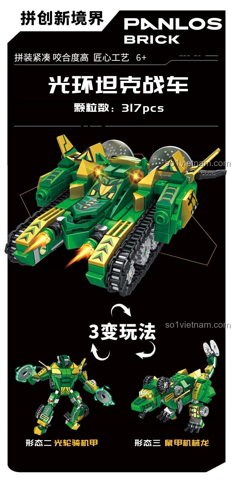 Chi tiết mô hình Xe Tăng Halo Panlos Brick 626003A 317 mảnh, đồ chơi biến hình 3 trong 1.