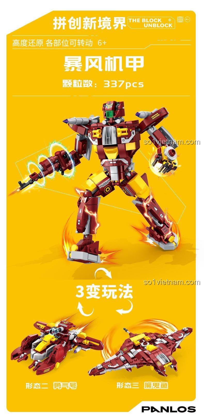 Chi tiết mô hình Robot Bão Tố 337 chi tiết từ Panlos Brick Robot Tinh Nhuệ Mecha Elite. Các bộ phận có thể chuyển động.