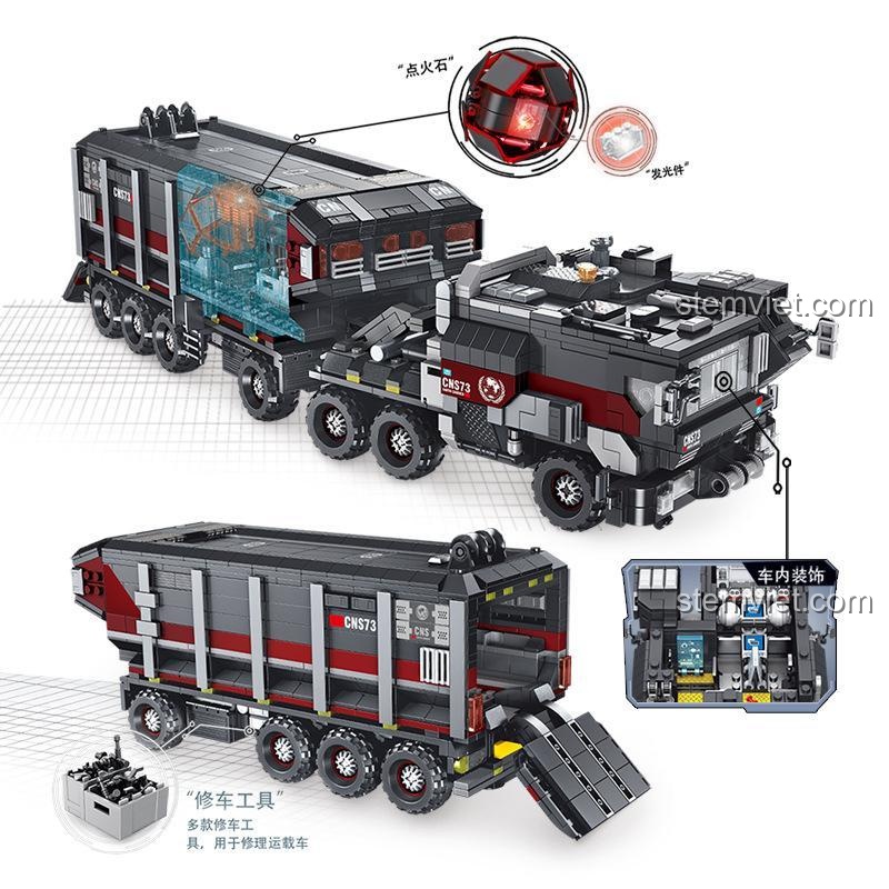 Các tính năng đặc biệt của đồ chơi xây dựng Xe tải Earth Truck, bao gồm chi tiết nội thất, dụng cụ sửa chữa và các bộ phận phát sáng.
