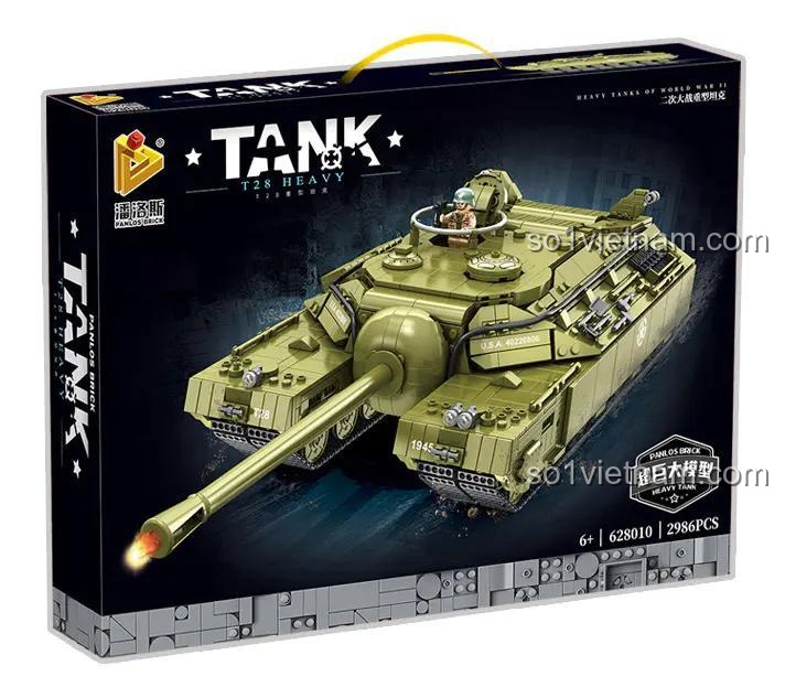 Hộp sản phẩm bộ lắp ráp Panlos Brick 628010 Xe tăng hạng nặng T28, với hình ảnh mô hình Quái vật thép T28 và thông tin 2986 chi tiết.