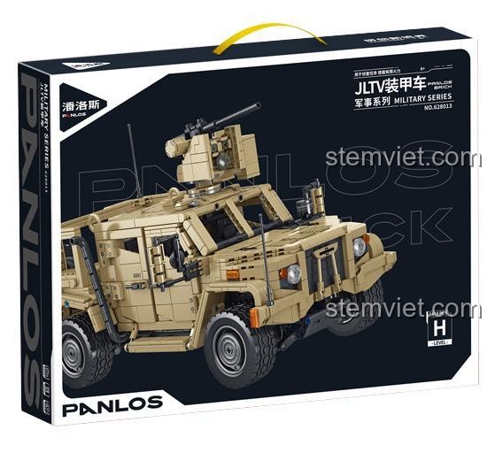 Hộp sản phẩm của bộ xếp hình 628013 Xe quân sự JLTV Panlos Brick, thể hiện hình ảnh mô hình xe hầm hố và thông tin số mảnh ghép.