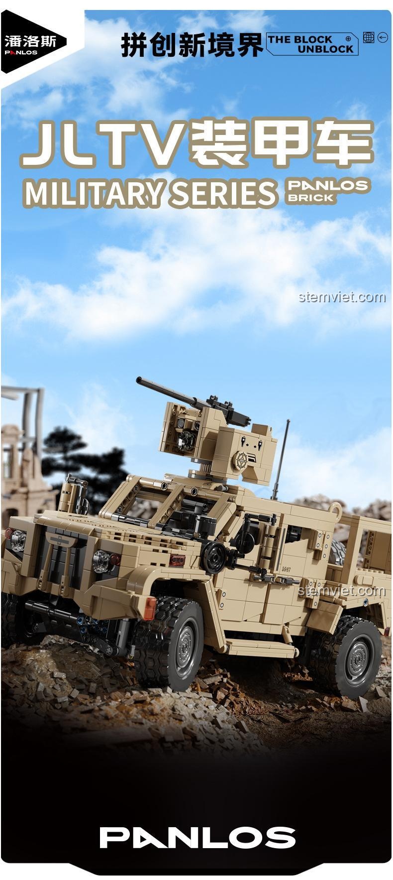 Ảnh quảng cáo của đồ chơi mô hình Xe địa hình quân sự JLTV 628013, làm nổi bật thiết kế mạnh mẽ và chi tiết của sản phẩm.