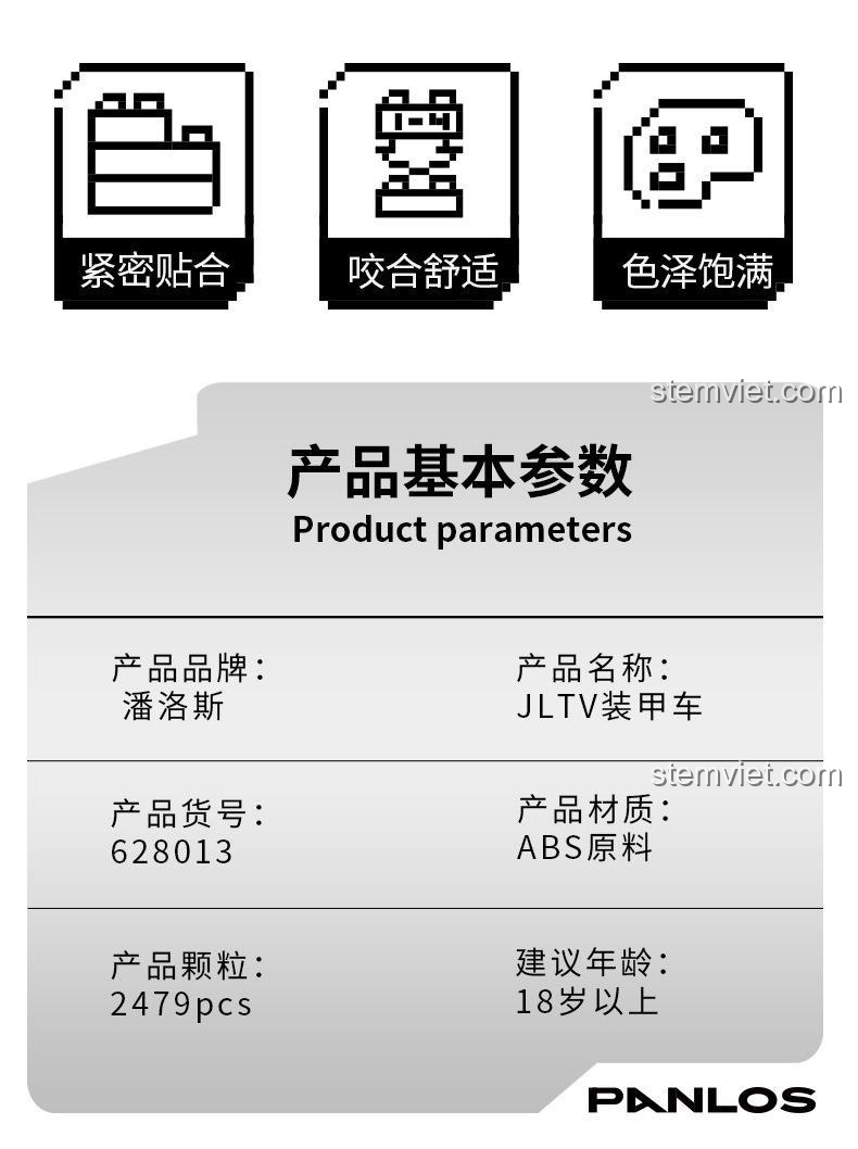 Thông số kỹ thuật của bộ lắp ráp Xe Bọc Thép JLTV, bao gồm mã sản phẩm 628013, chất liệu ABS, 2479 chi tiết và độ tuổi khuyến nghị 18+.