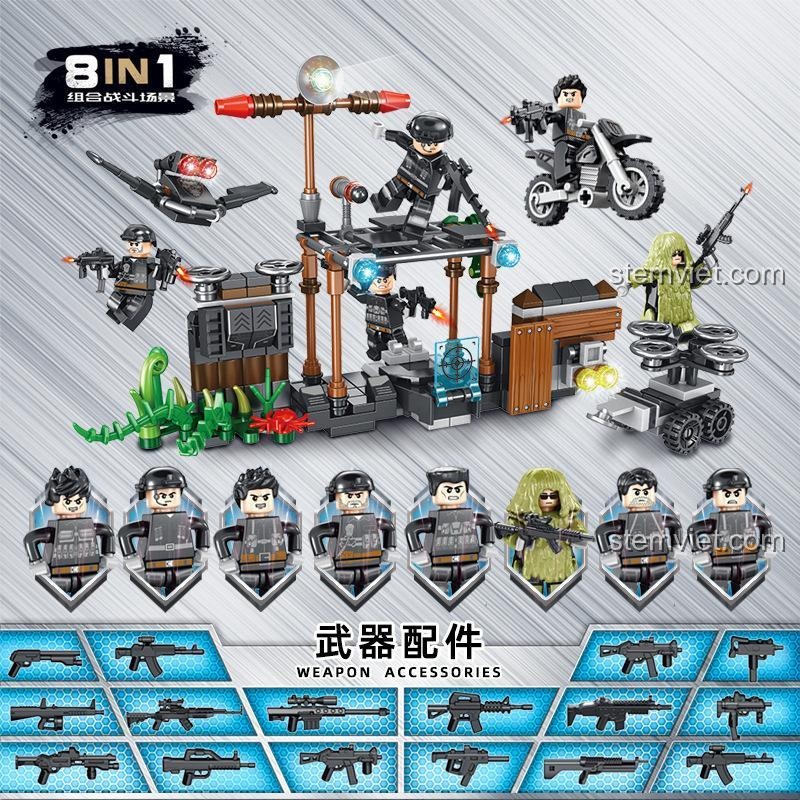 Đồ chơi xếp hình Panlos Brick 630001 với 8 minifigures lính đặc nhiệm và nhiều vũ khí.