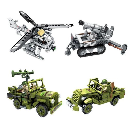 Tổng hợp 4 mẫu trong series Justice Action, bao gồm bộ lắp ráp Xe Jeep quân sự Panlos Brick 631004B, dành cho bé trai 6 tuổi.
