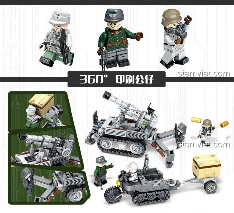 Poster quảng cáo bộ lắp ráp quân sự Panlos Brick Justice Action với nhiều mẫu xe chiến đấu và trực thăng.