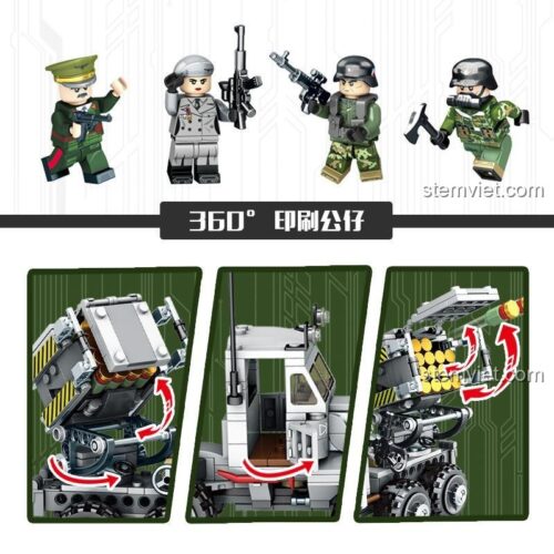 Minifigure lính Đức và nữ quân nhân trong bộ đồ chơi Panlos Brick 631006 Xe Tải Pháo Phản Lực Land Stuka, chi tiết in ấn sắc nét.