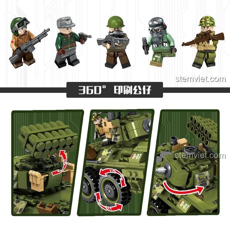 Chi tiết minifigures trong bộ đồ chơi mô hình Xe chiến đấu quân sự Panlos Brick 631007. Các minifigures được in 360 độ, thể hiện rõ trang phục và vũ khí, phù hợp cho bé trai 6 tuổi đam mê đồ chơi quân sự.