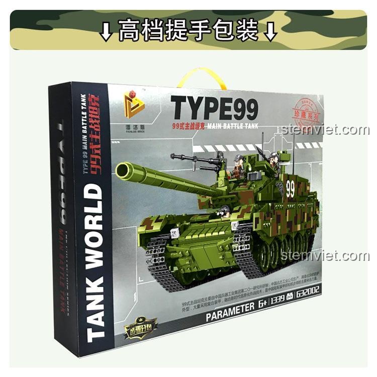 Hộp cao cấp bộ xếp hình Xe Tăng Quân Sự Type 99 Panlos Brick 632002 với 1339 mảnh ghép, độ tuổi 6+, có tay cầm tiện lợi, giá tốt.