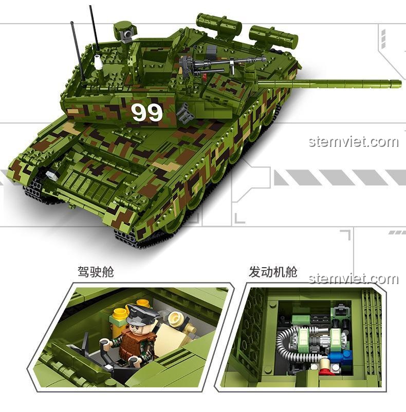 Chi tiết khoang lái và khoang động cơ của đồ chơi lắp ghép Xe Tăng Chiến Đấu Type 99 Panlos Brick 632002, thể hiện sự tinh xảo, phù hợp bé trai 6 tuổi.