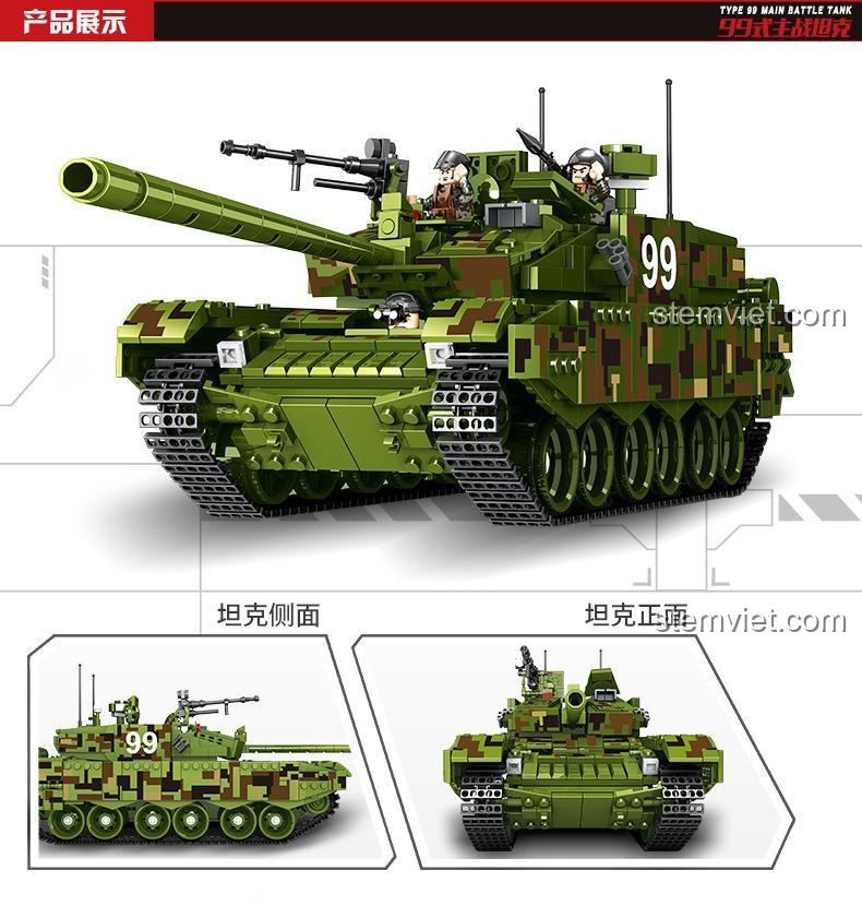 Mô hình Xe Tăng Chủ Lực Type 99 2002 Panlos Brick hiển thị mặt bên và mặt trước, chi tiết cao, màu xanh lá quân sự, phù hợp bé trai 6 tuổi.