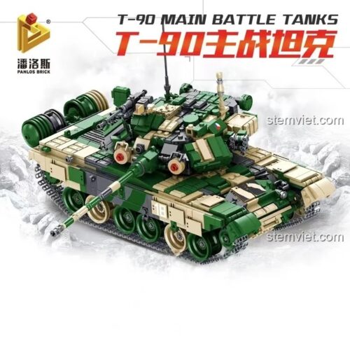 Mô hình đồ chơi lắp ráp xe tăng T-90 Panlos Brick 632005 với màu rằn ri xanh lá và kem, phù hợp cho bé trai trên 6 tuổi, giá rẻ.