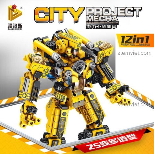 Mô hình Robot Mecha Công Trình Panlos Brick 633008 sau khi hợp thể từ 12 xe xây dựng. Bộ đồ chơi xếp hình Panlos Brick chất lượng cao.