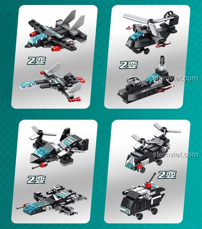 Chi tiết các mô hình phụ từ bộ lắp ráp Panlos Brick 633013 Robot Tiên Phong, đồ chơi lắp ráp Robot Biến Hình cho bé trai