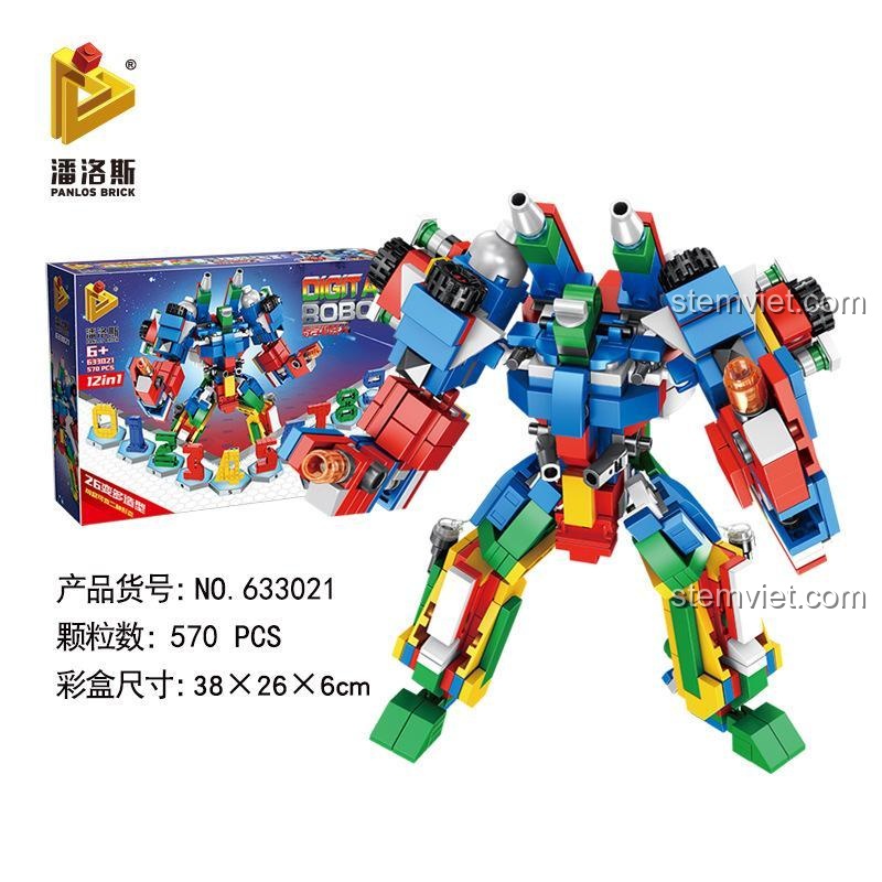 Hộp sản phẩm đồ chơi lắp ráp Robot Học Toán 633021 của Panlos Brick. Gồm 570 chi tiết, kích thước hộp 38x26x6cm.