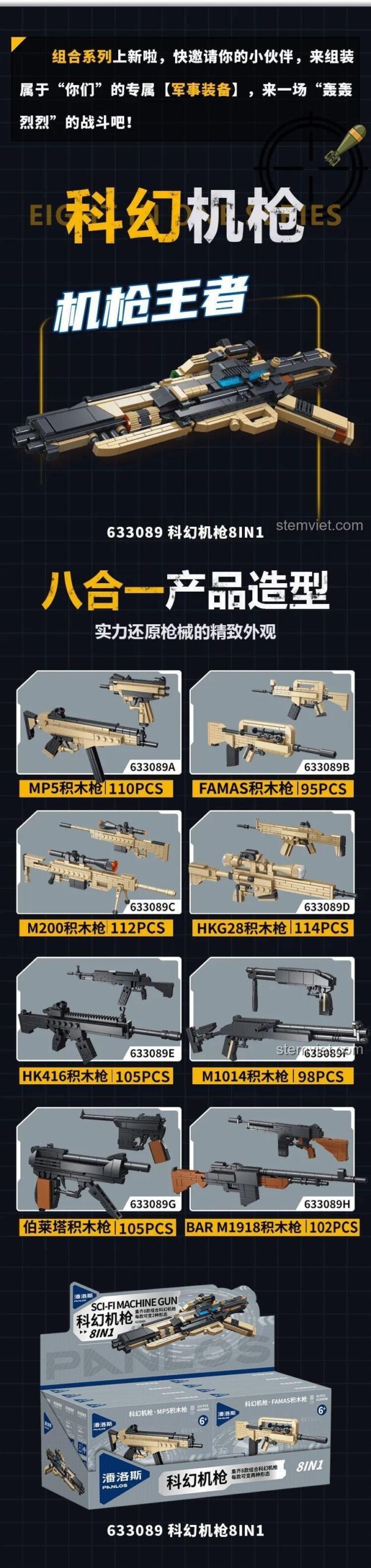 Chi tiết 8 mẫu súng nhỏ và mô hình súng máy hợp thể từ bộ lắp ráp Súng trường tấn công tương lai Panlos Brick.