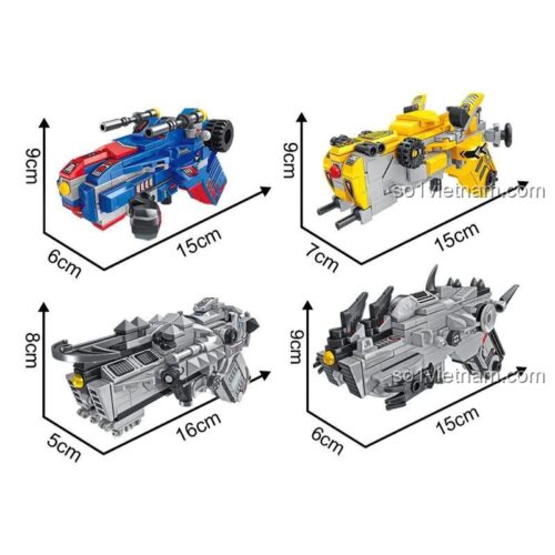 Kích thước chi tiết của 4 mô hình súng trong bộ đồ chơi mô hình Panlos Brick 633101, món quà tuyệt vời cho bé trai.